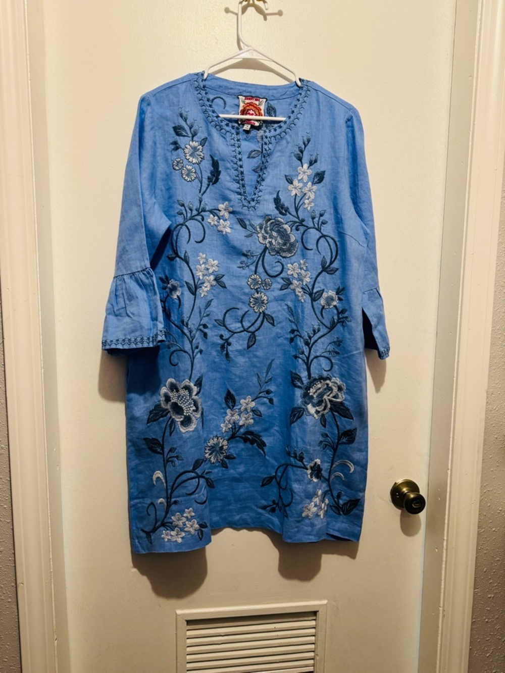 Johnny Was Blue Floral Logo Patch Tunic